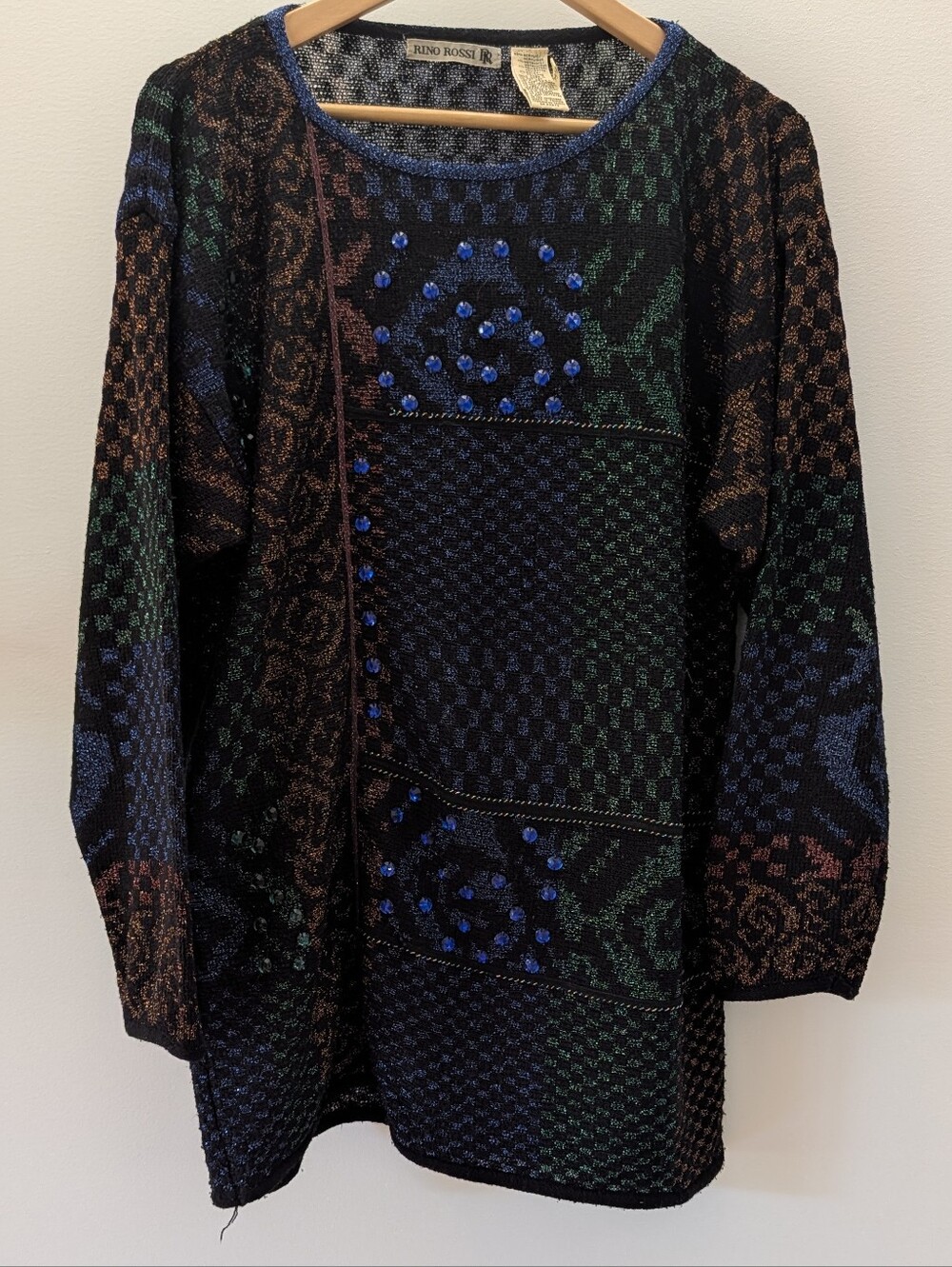 Vintage Rino Rossi Metallic Knit Rhinestone Sweater Colorblock Lurex 80s Size M